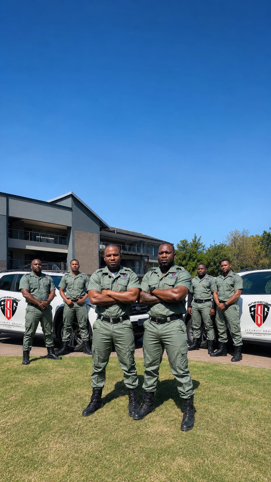 Snesenzo Security Group officers in front of branded vehicles